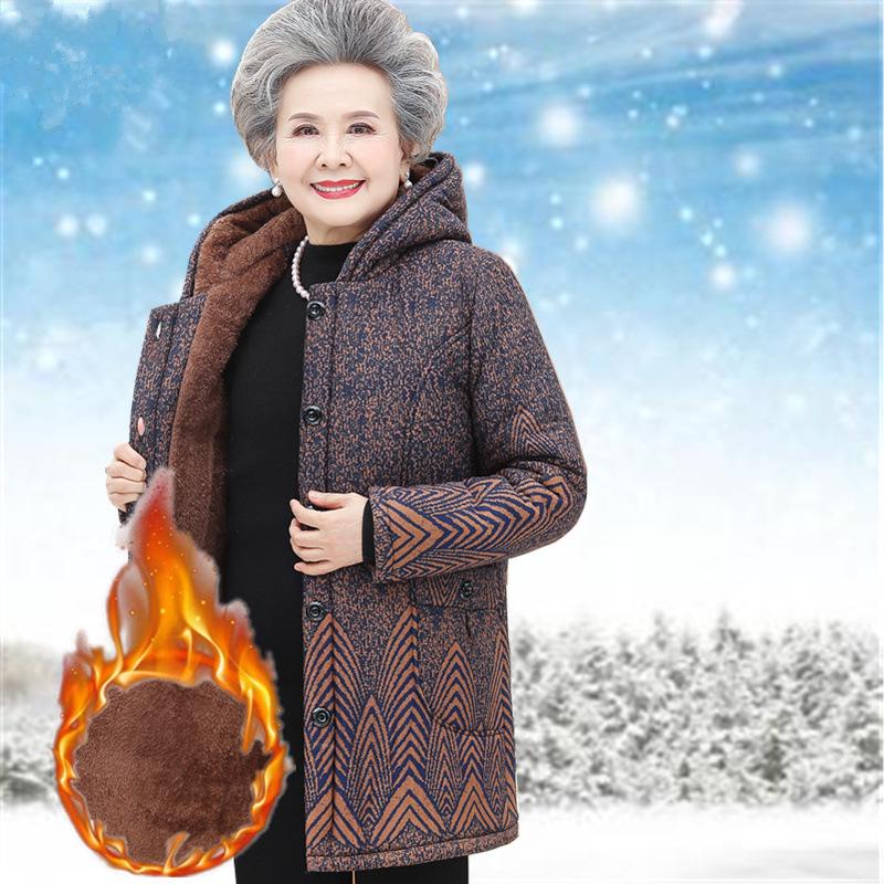 

Уютная зимняя куртка с капюшоном от бабушки – Очень толстое флисовое пальто средней длины для пожилых женщин 3XL (120-135 kg)