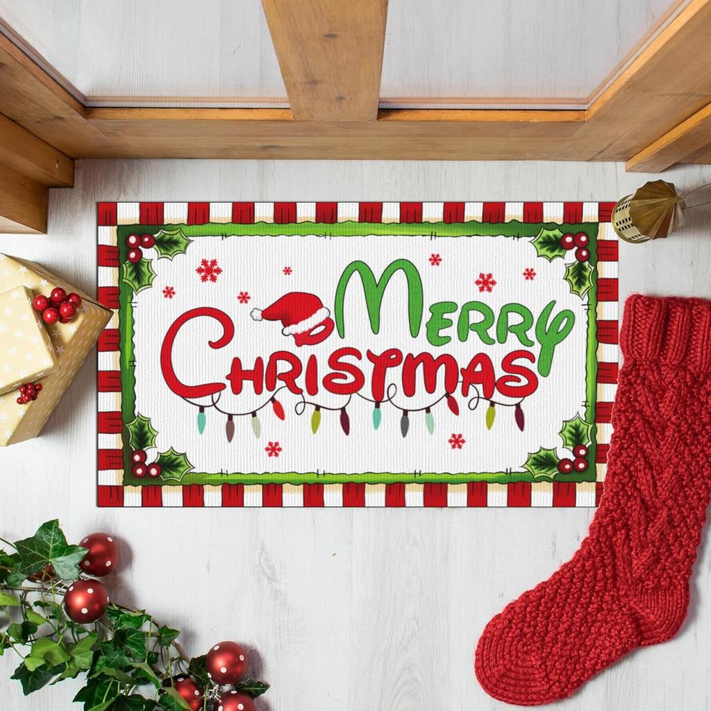 Christmas Happy Floor Mat Anti-Slip Indoor and Outdoor Welcome Mat for Kitchen and Living Room Carpet Home Decoration