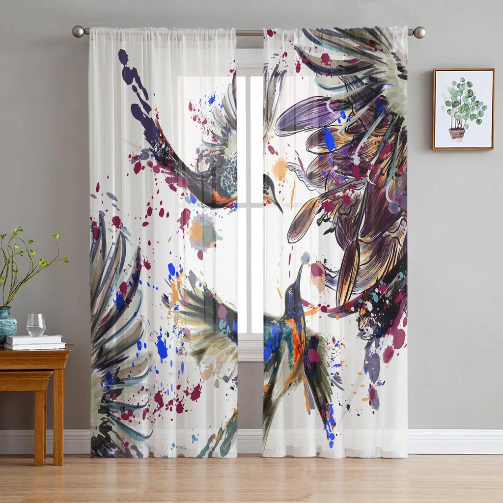 Sheer Hummingbird Pink Flower White Tulle Curtains Living Room Bedroom Decoration Transparent Chiffon Voile Window Curtain Polyester Washable Sitting