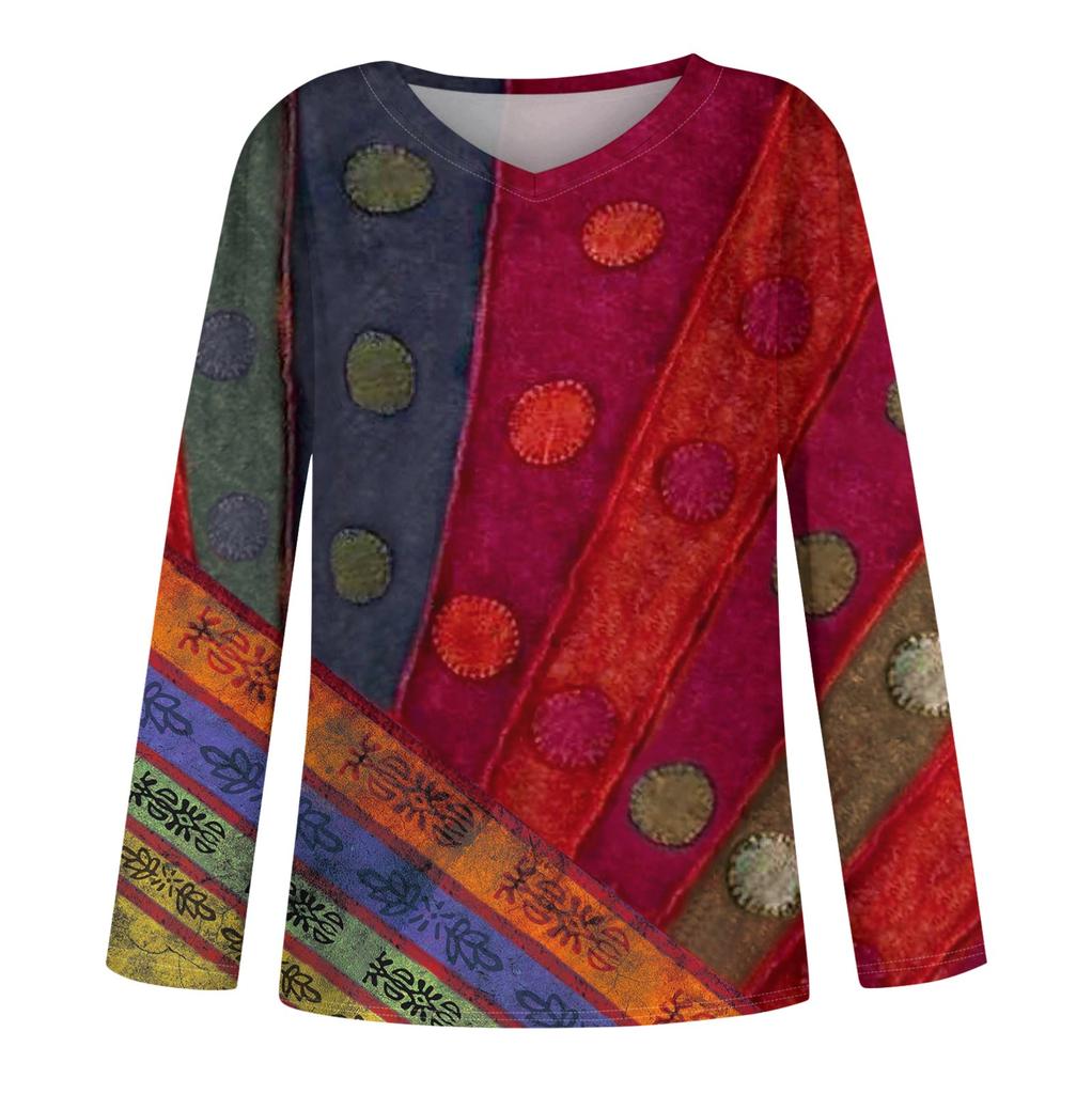Womens Long Sleeve Tops V Neck Shirts Casual Flower Print Basic Trendy Tee Blouses Fall Tunic Outfits Fitted T Shirts