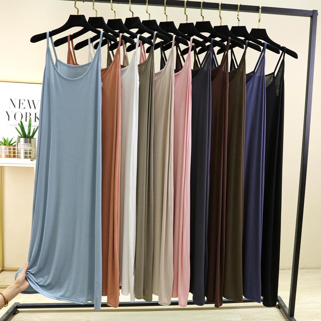 Modal Spaghetti Strap Dress Summer Sexy Sleeveless Tank Dress Solid Color Casual Camisole Dresses Long Soft Sleepdress Basic Slipdress