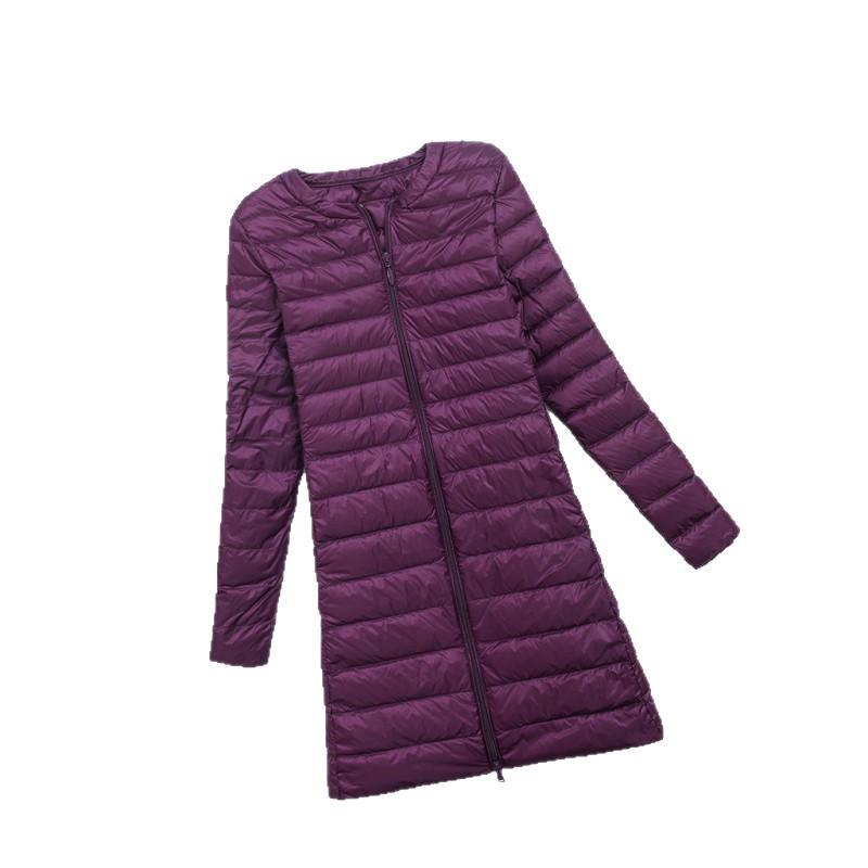 New Down Jacket Women's Light, Medium and Long Fashion and Thin White Duck Down Snap-button Round Neck Warm Liner Jacket