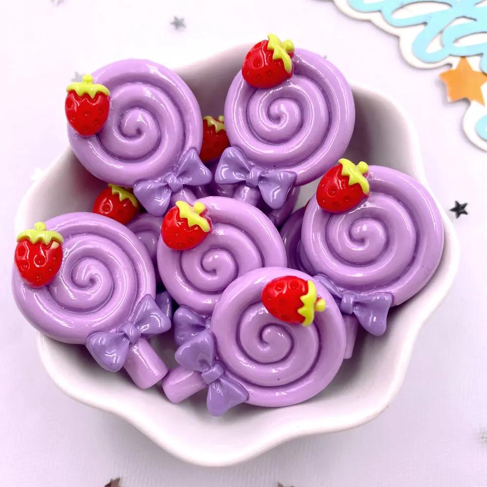 Painted Colorful Resin Strawberry lollipop Lollipop Flatback Cabochon Stone Figurines 10pcs DIY Bow Accessories Scrapbook Crafts