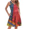 Women's Summer Fashion Casual V-neck Pleated Patchwork Color Block Patchwork Print Sleeveless Pocket Vest Dress