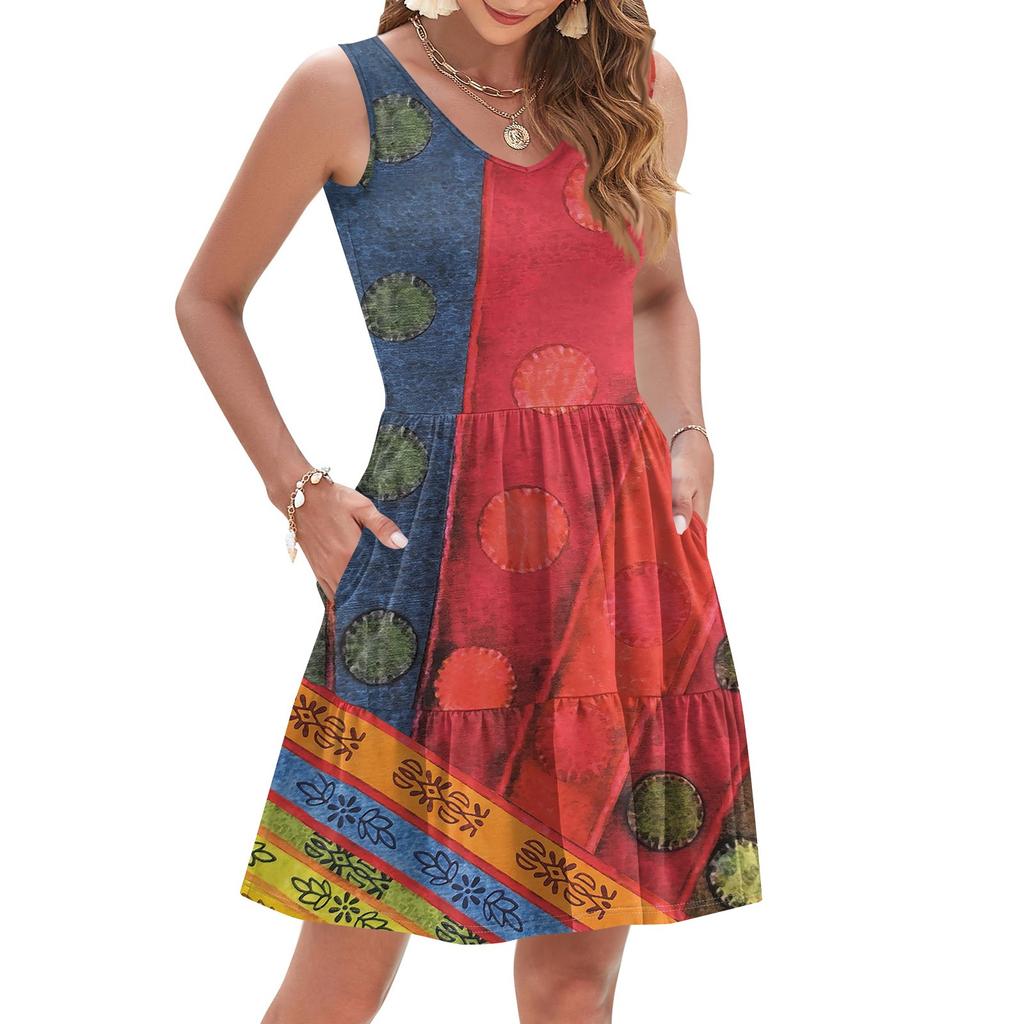 Women's Summer Fashion Casual V-neck Pleated Patchwork Color Block Patchwork Print Sleeveless Pocket Vest Dress