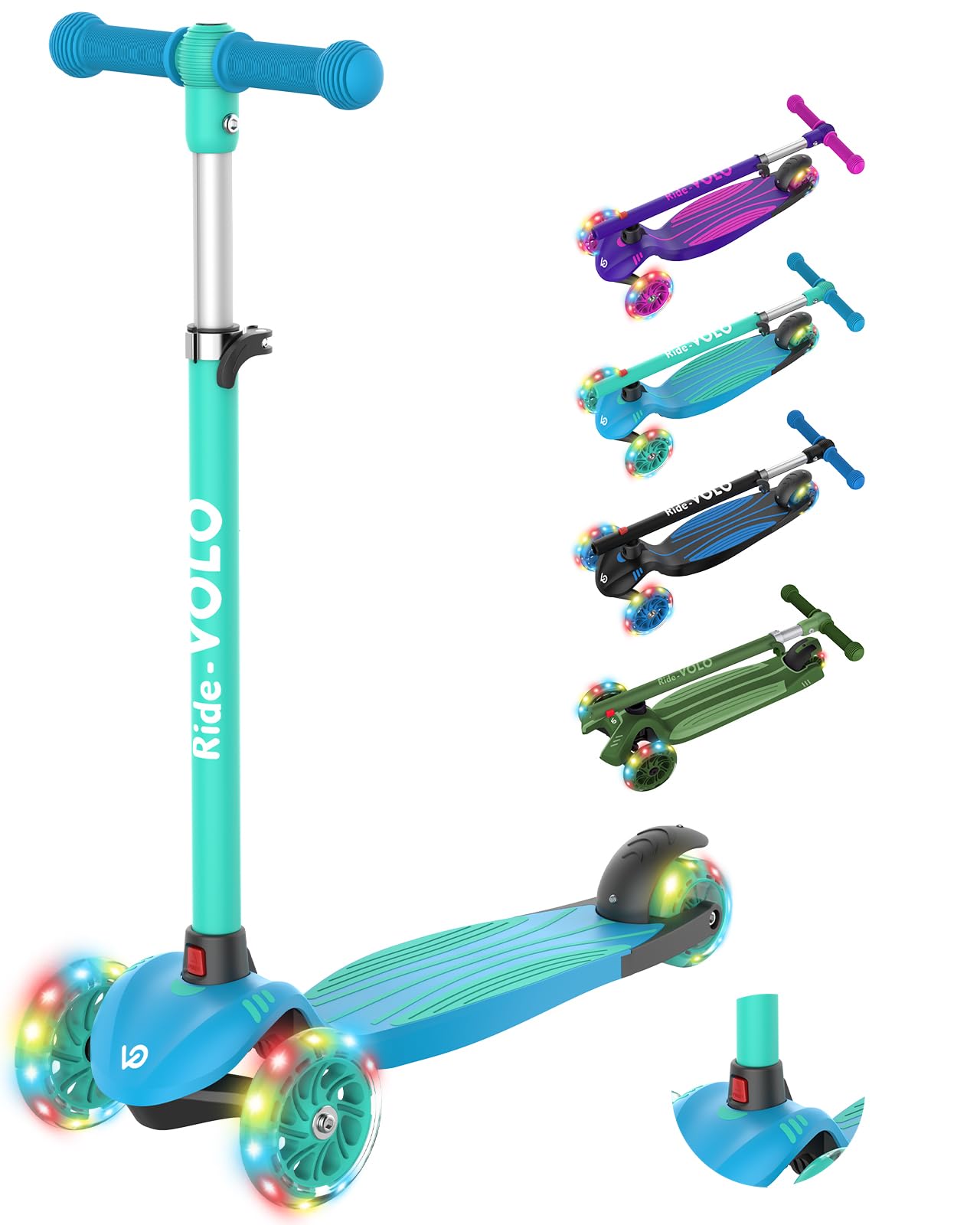 

RIDEVOLO Kids Kick Scooter Children s Kickboard Tricycle 3-Stage Height Adjustable Glowing LED Tires 50kg Load Green Outdoor Play