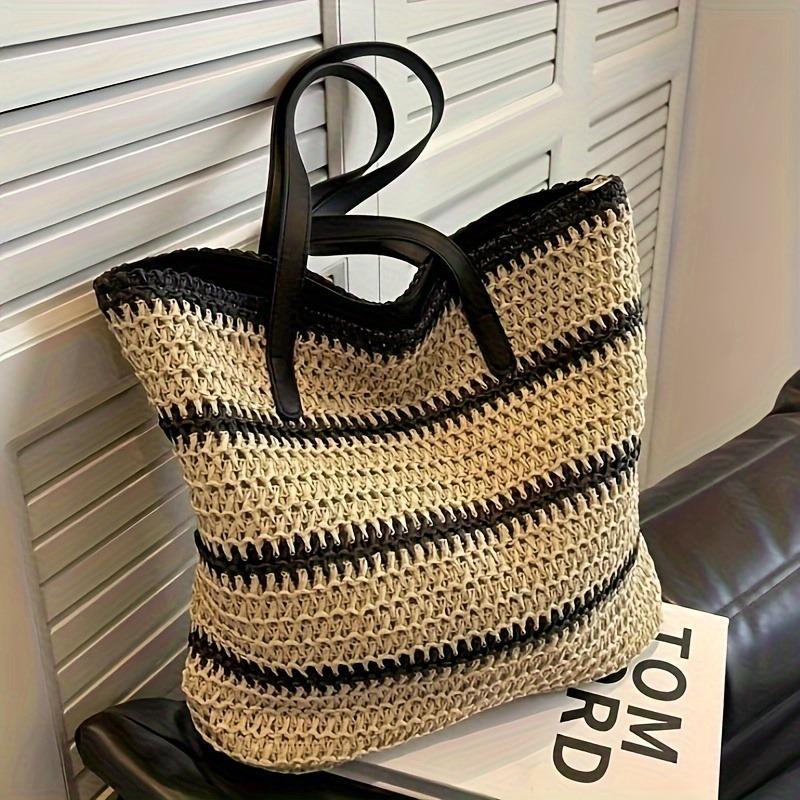 1pcs Bohemian Striped Woven Tote Bag Retro Straw Handbag Large Capacity Fashionable Shoulder Bag Travel Beach Bag