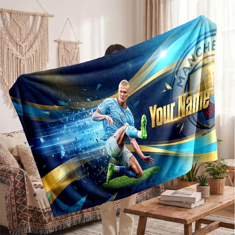 Erling Haaland Personalized Fleece Blanket With Football Logo, Custom Name Text Soft Warm Home Throw Blanket