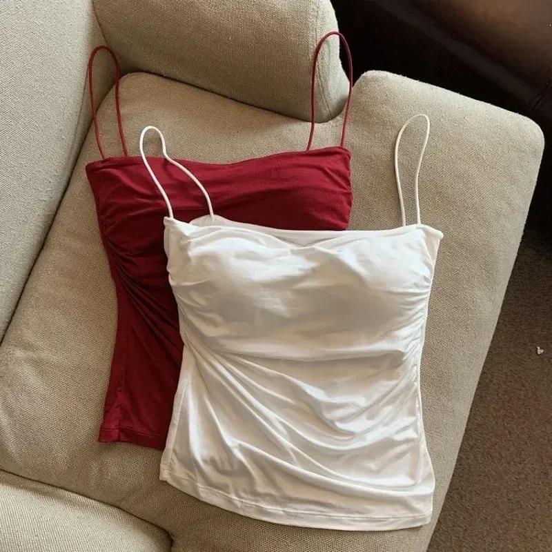 Summer Padded Camisole for Women, Sexy Ribbed Knit Tank Top, Built-in Bra, Cropped Cami