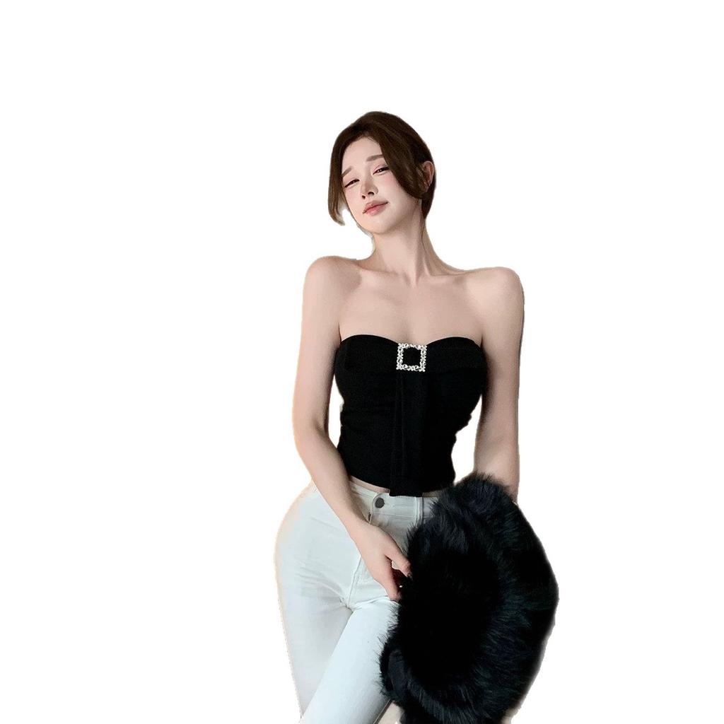 Summer New Pure Desire Bow Metal Decorative Splicing Tube Top Slim and Thin One-piece Top with Chest Pad Women