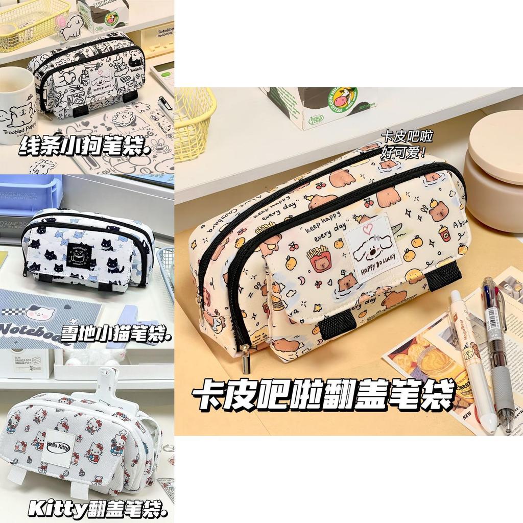 Hello Kitty And Capybara Canvas Storage Bag With Flip Cover For Stationery And Office Supplies
