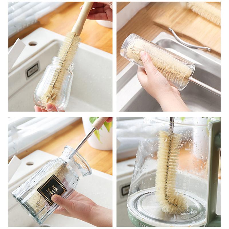 Brosse à bouteille avec manche en bois et gobelet en verre, accessoire de cuisine