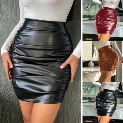 Gonna a tubino da donna in ecopelle a vita alta con cerniera a pieghe tinta unita liscia e traspirante Clubwear slim fit skinny minigonna da festa per donna