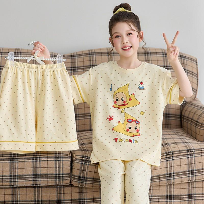 Girls Cotton Pajama Set Short Sleeve Long Pants Cartoon Print Sleepwear Kids Home Wear