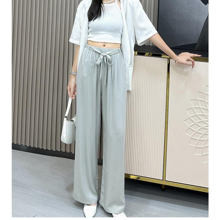 Pantaloni de pijama din bumbac mătase pentru femei, secțiune subțire de vară, anti-țânțari, pantaloni cu picior lat, culoare uni, pentru exterior, casă, petrecere a timpului liber, imprimeu, pantaloni de plajă până la genunchi