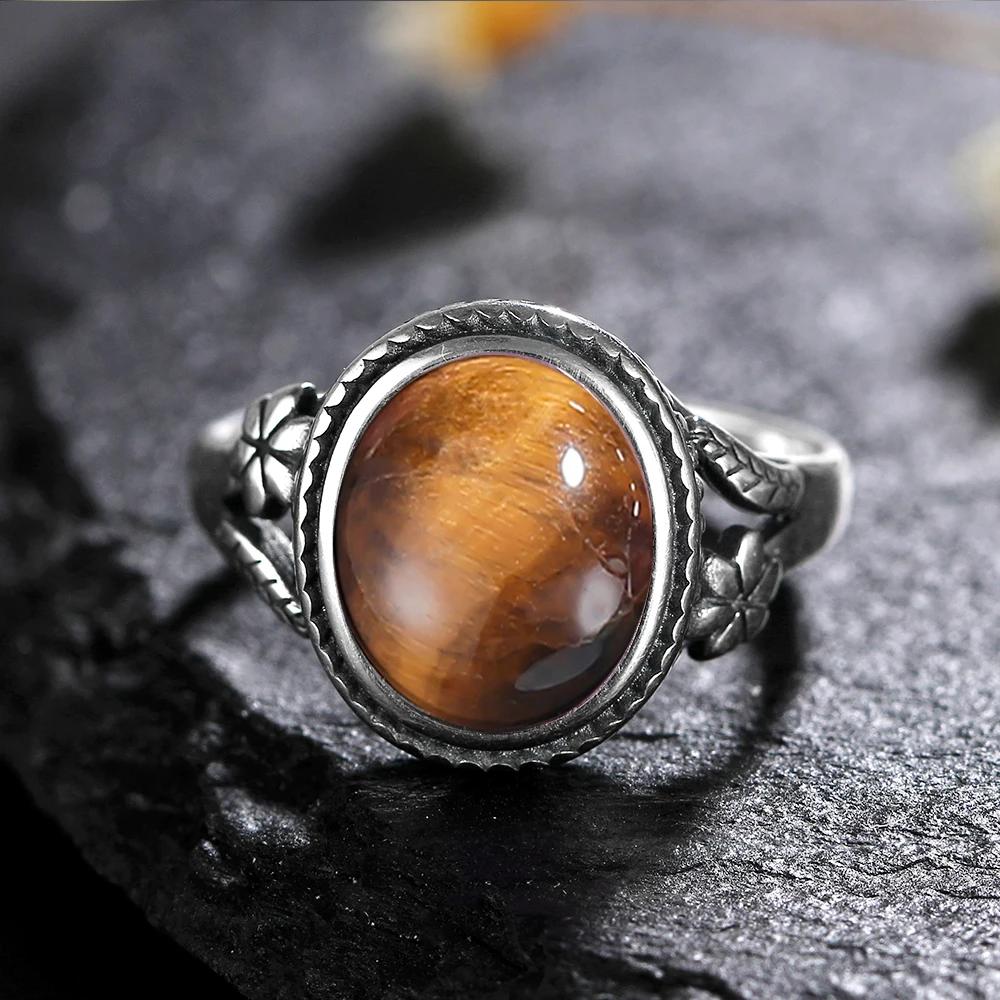 Vinatge Silver Ring Female Jewelry Natural Moonstone Tiger's Eye Personalized Rings for Women Bijoux Wedding Jewelry Gift S
