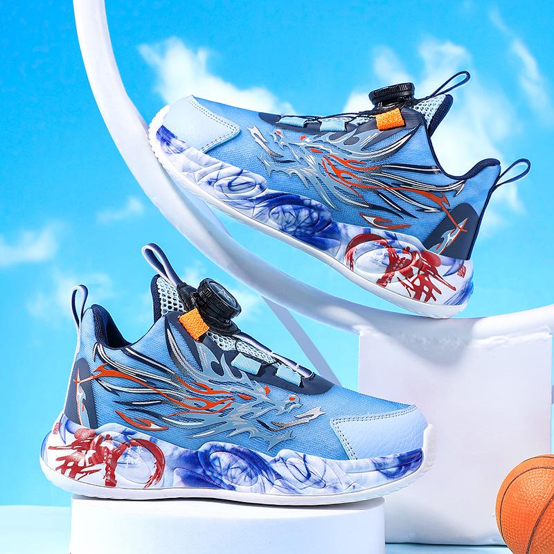 Spring and Summer Ice Silk Mesh Children's Basketball Shoes Sports Shoes Rotating Buckle Light Boys Running Shoes Primary School Students Graffiti Sho