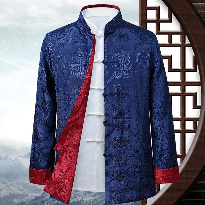 Double-Sided Tang Suit Jacket for Men: Long Sleeve, Chinese Style, Ideal for Middle-Aged & Elderly - Perfect for Spring & Autumn.