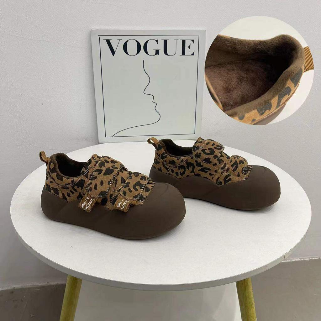 Retro leopard print Velcro ugly cute doll head board shoes 2025 autumn and winter new children's velvet Hanhan bread shoes