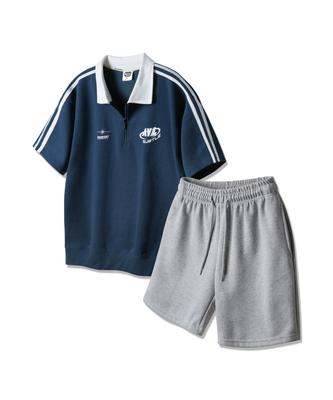 ALVINCLO [Set] Avl Track Half-Zip Short Sleeve Sweatshirt Cotton Elastic Sweat Shorts Set