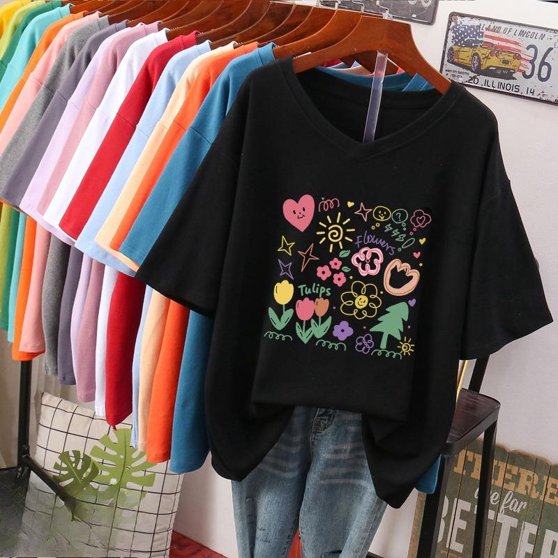 Kurzärmeliges T-Shirt, Locker sitzend, Schlankmachendes bedrucktes V-Ausschnitt-Top für Damen