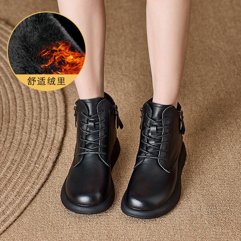 Herbst- und Winterleder-Kurzstiefel für Damen, neue Doppelreißverschluss-Martinstiefel für Damen, flacher Boden, runde Spitze, lässige Damenstiefel