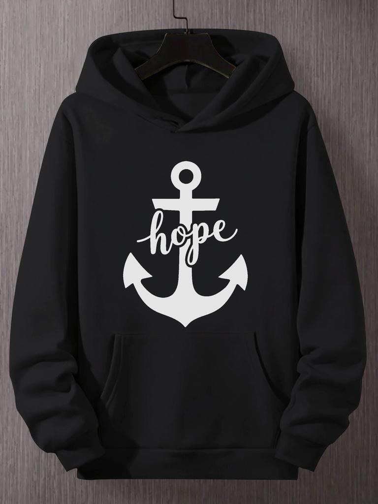 Plus Size Anchor & Hope Cursive Script Graphic hoodie - Black Relaxed Fit Casual Pullover