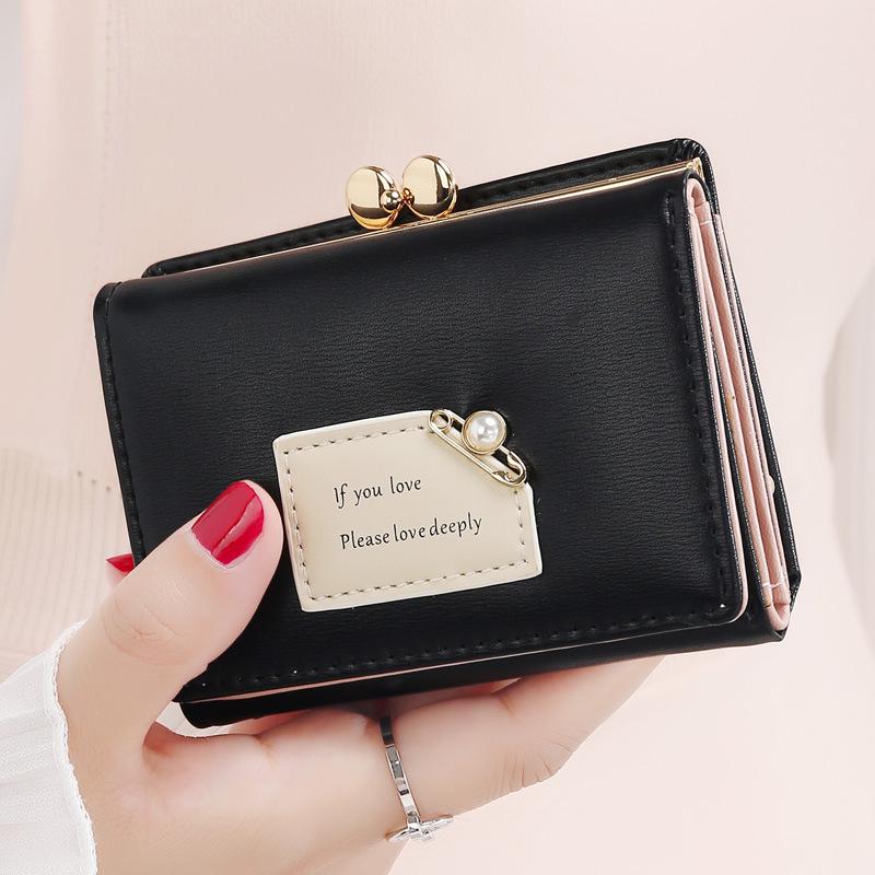 Fashion Cute Pearl Wallet Simple PU Leather Hasp Three Fold Coin Purse Card Holder For Women Girl Student Slim Coin Pocket
