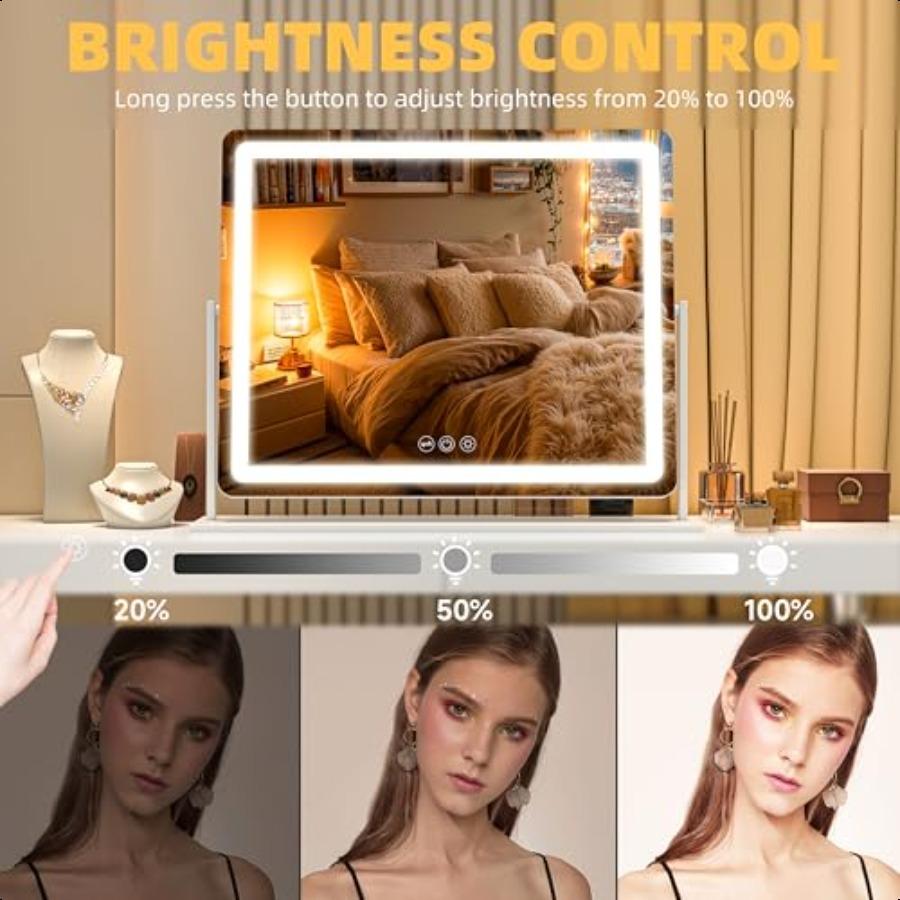 Vanity Mirror with Lights 23.6'' X 20'' Lighted Makeup Mirror Touch Screen with 3Color Lighting Dimmable for Vanity Desk Tablet