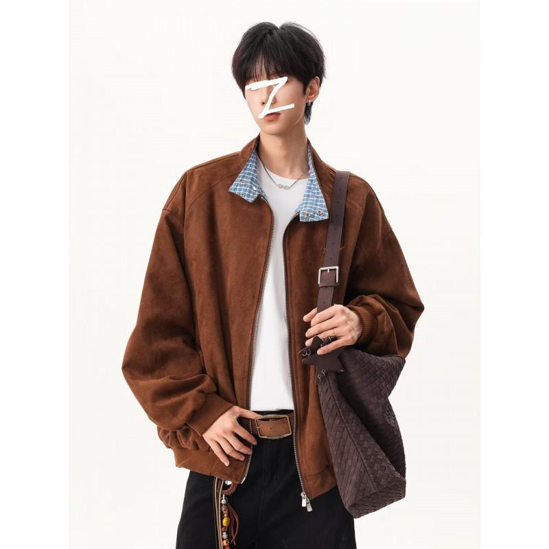 Unisex Vintage Plaid Suede Fleece Jacket With Collar Loose Fit Baseball Style Outerwear Fall Winter