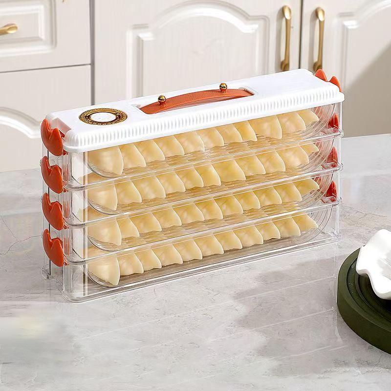 2/4 Layers Dumplings Storage Box Dumpling Organizer Stackable Desserts & Cookies with Buckle, Lid & Handle for Fridge