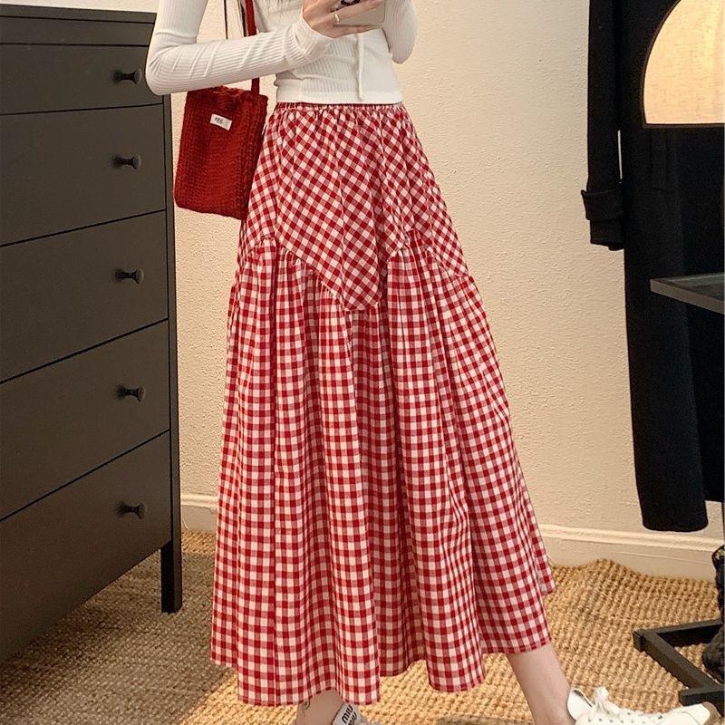 Retro-Karo-High-Waist-Pendel-A-Linien-Rock Damen Neu Vielseitig Dünn Lässig Mittel und Lang