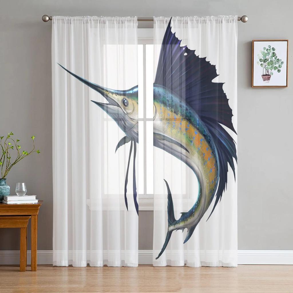 Cartoon Fish Tulle Sheer Window Curtains for Living Room Kitchen Children Bedroom Voile Hanging Curtain
