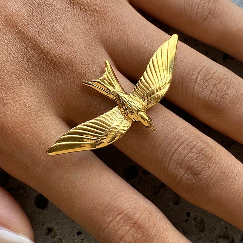 New Titanium Steel Peace Dove Open Rings For Women Adjustable Punk Style High-End Retro Style Non Fading Jewelry Accessory