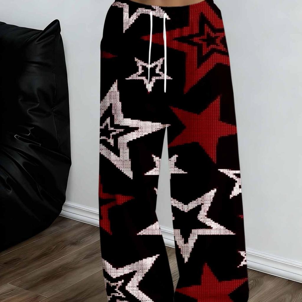 Women's Plus Size Wide Leg Pants Black Red White Star Print Casual Pants Overseas Print
