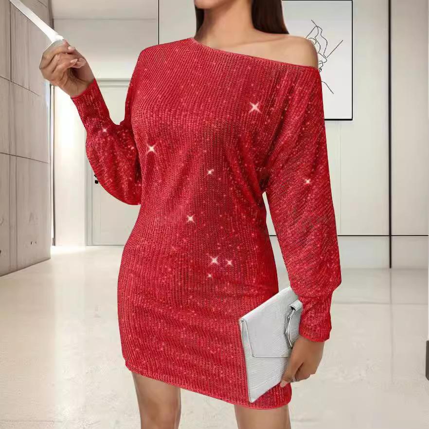 

2025 Sloping Shoulder Sequin Long Sleeved Dress S красный