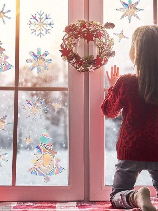 Christmas Colorful Snowflake Window Sticker Christmas Elk Window Sticker Rainbow Prism Electrostatic Glass Stickers Home Decor
