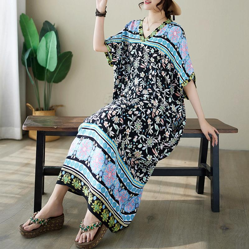 

DIMANAF 2024 платье больших размеров женский летний сарафан с v-образным вырезом богемный свободный макси-платье большого размера с цветочным принтом 9021 One Size