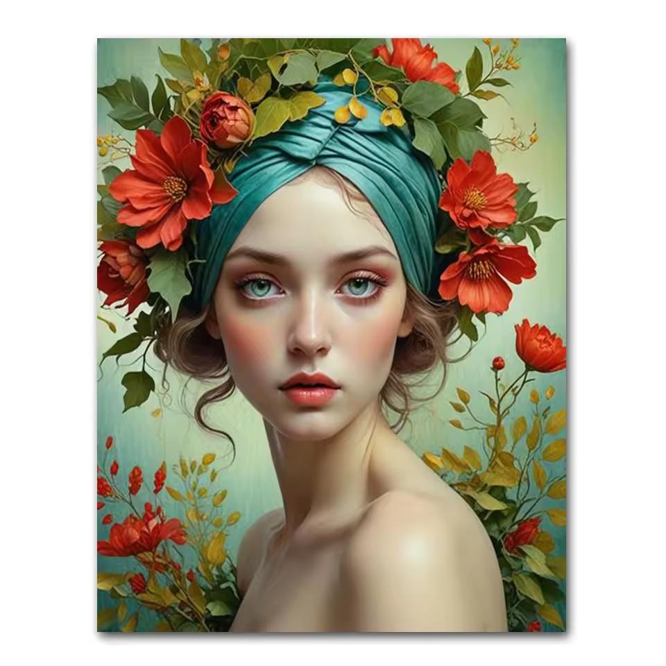 Beautiful Woman with Glasses Flower Canvas Painting Modern Wall Art Woman Character Posters and Prints Living Room Home Decor