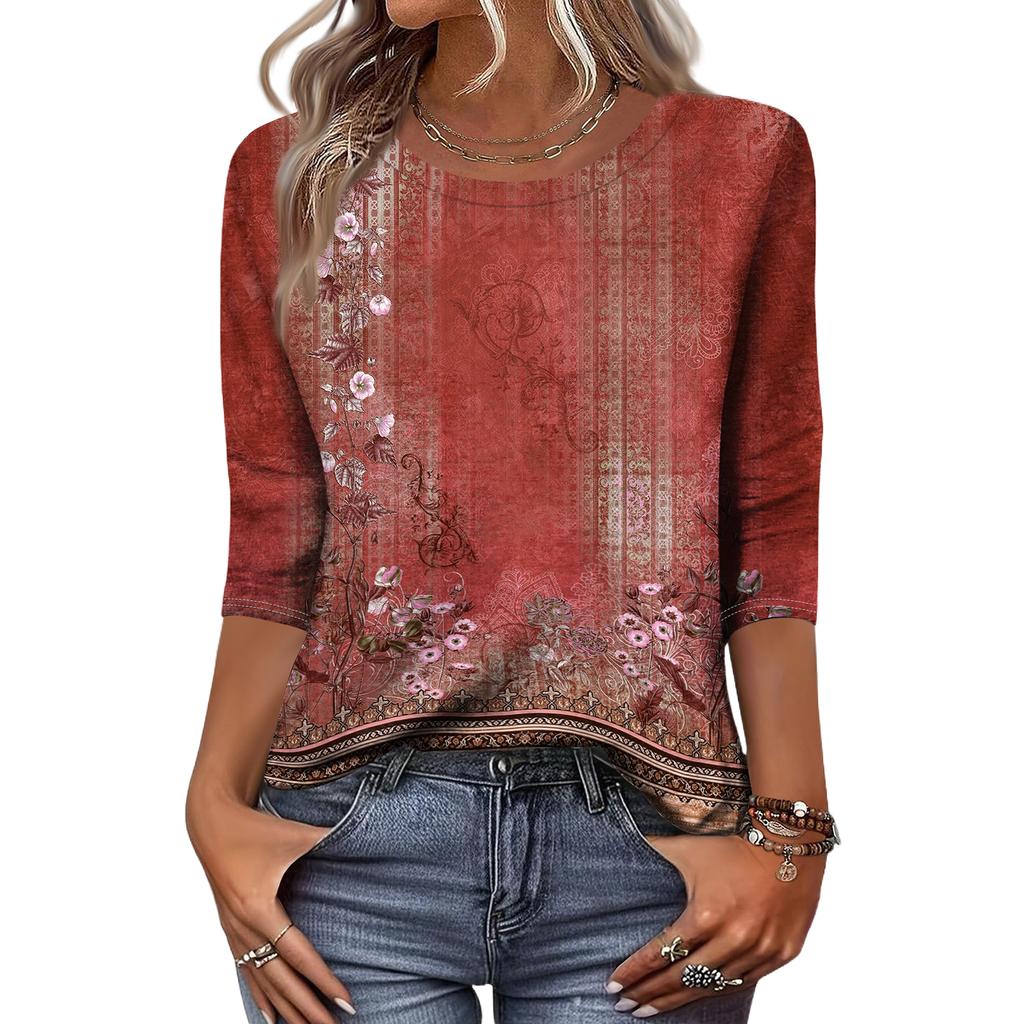 Women's Fashion Casual Round Neck 3/4 Sleeve Loose Printed T-Shirt Ladies Top