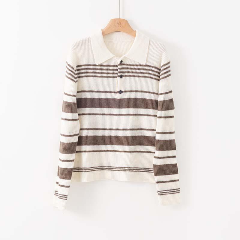 Soft Waxy Retro Polo Collar Striped Contrasting Color Quan Wool Knitted Sweater Women's Early Autumn New Inner Pullover Bottoming Shirt