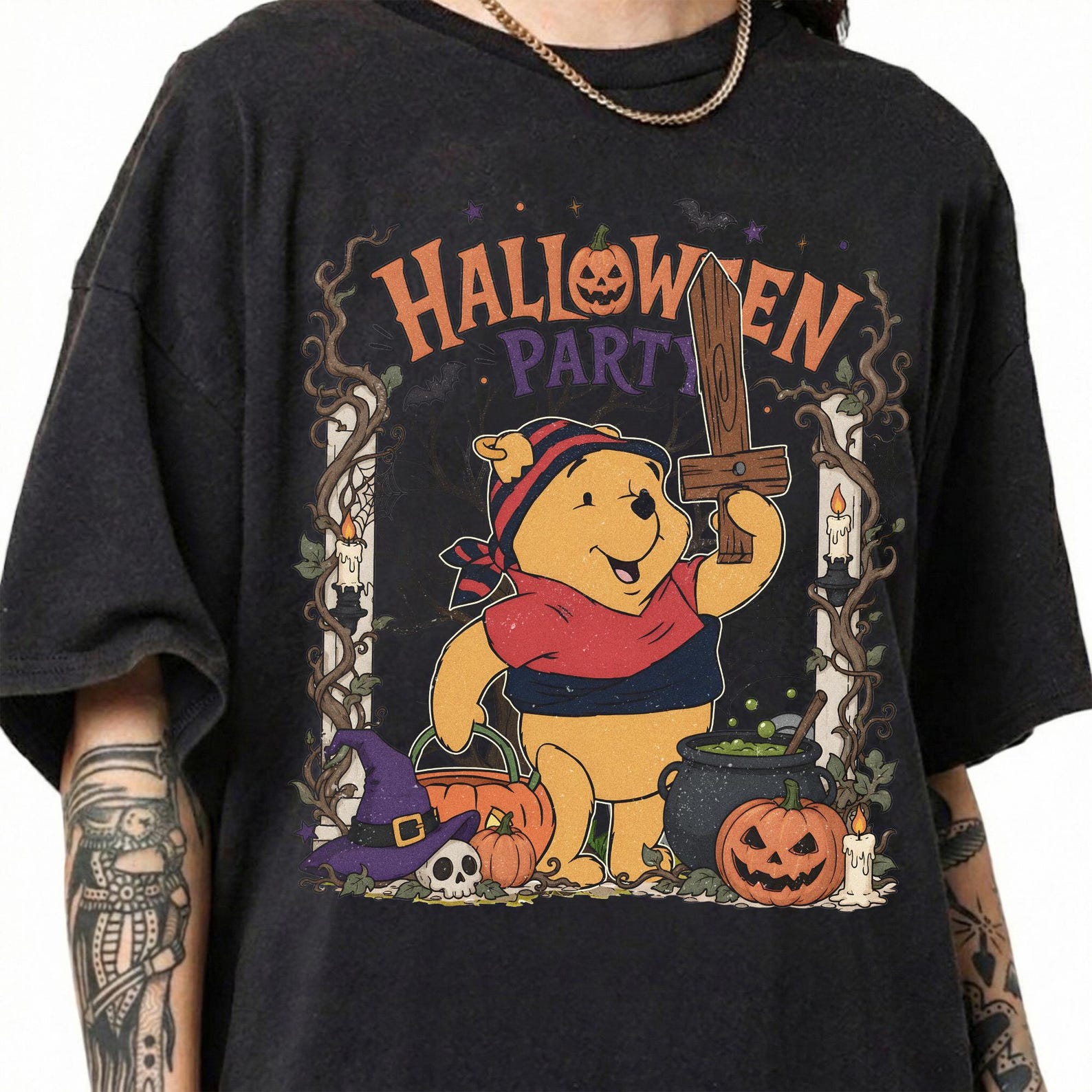 Retro Winnie The Pooh Halloween Shirt, Pooh Pumpkin Character Tee, Spooky Season Vacation Top XL