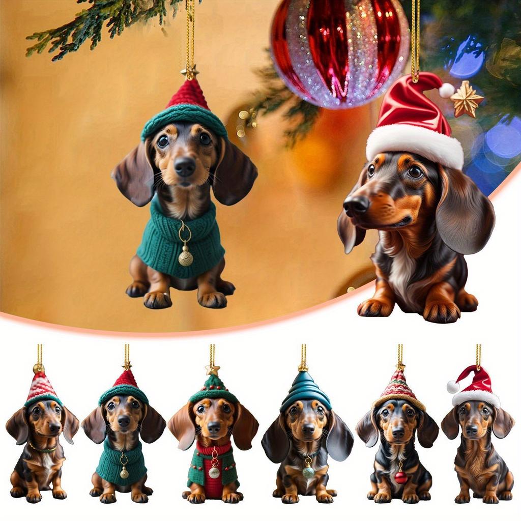 7Pc Set of Dachshund Acrylic 2D Pendants for Christmas, Christmas Tree Decorations, Car Interior Ornaments, Halloween and Christmas Gifts