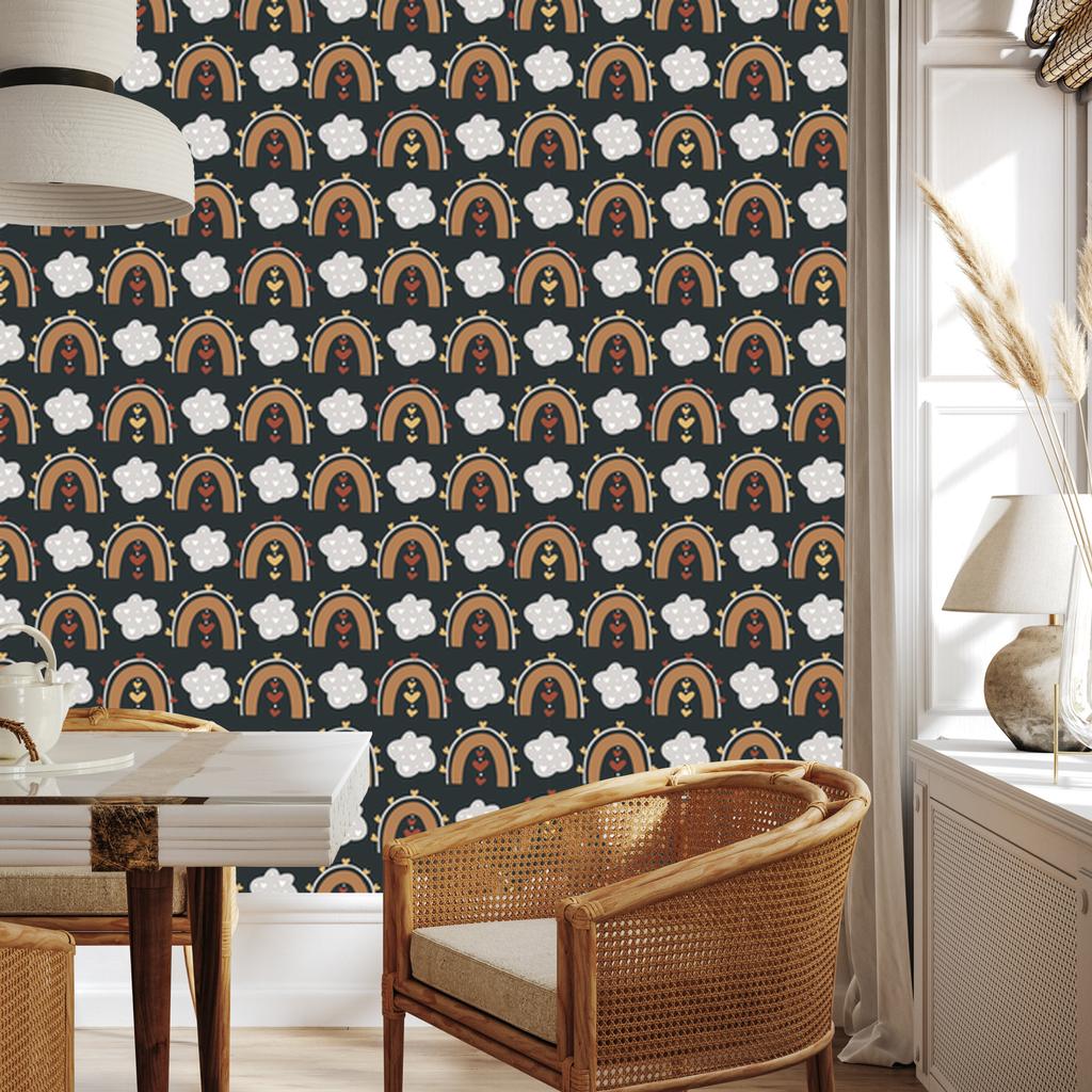 Rainbows and Butterflies Boho Wallpaper Turquoise, Graphite and Brown 50x1000