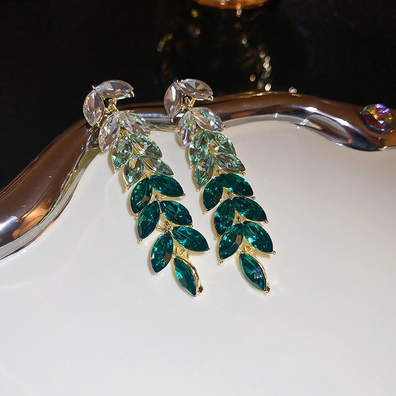 Emerald diamond leaf fringed earrings light luxury stud earrings women's European and American earrings