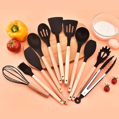 12pcs Heat-Resistant 12-piece Set Kitchen Utensils Multi-functional Save Space Silicone Kitchenware Set Wooden Handle