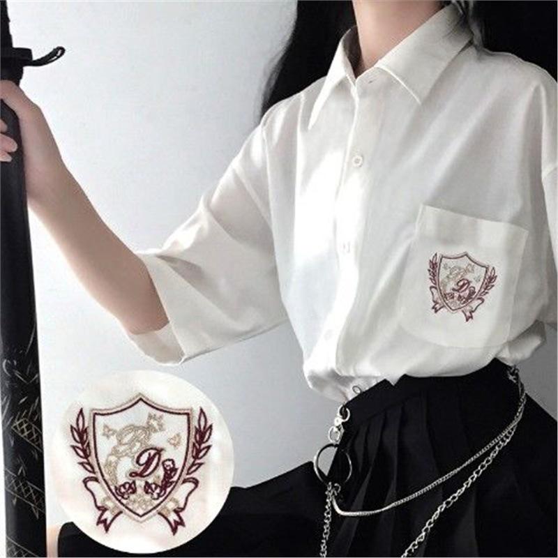 

Женская черная рубашка с коротким рукавом в японском стиле с вышивкой - Универсальный летний топ для пар Large