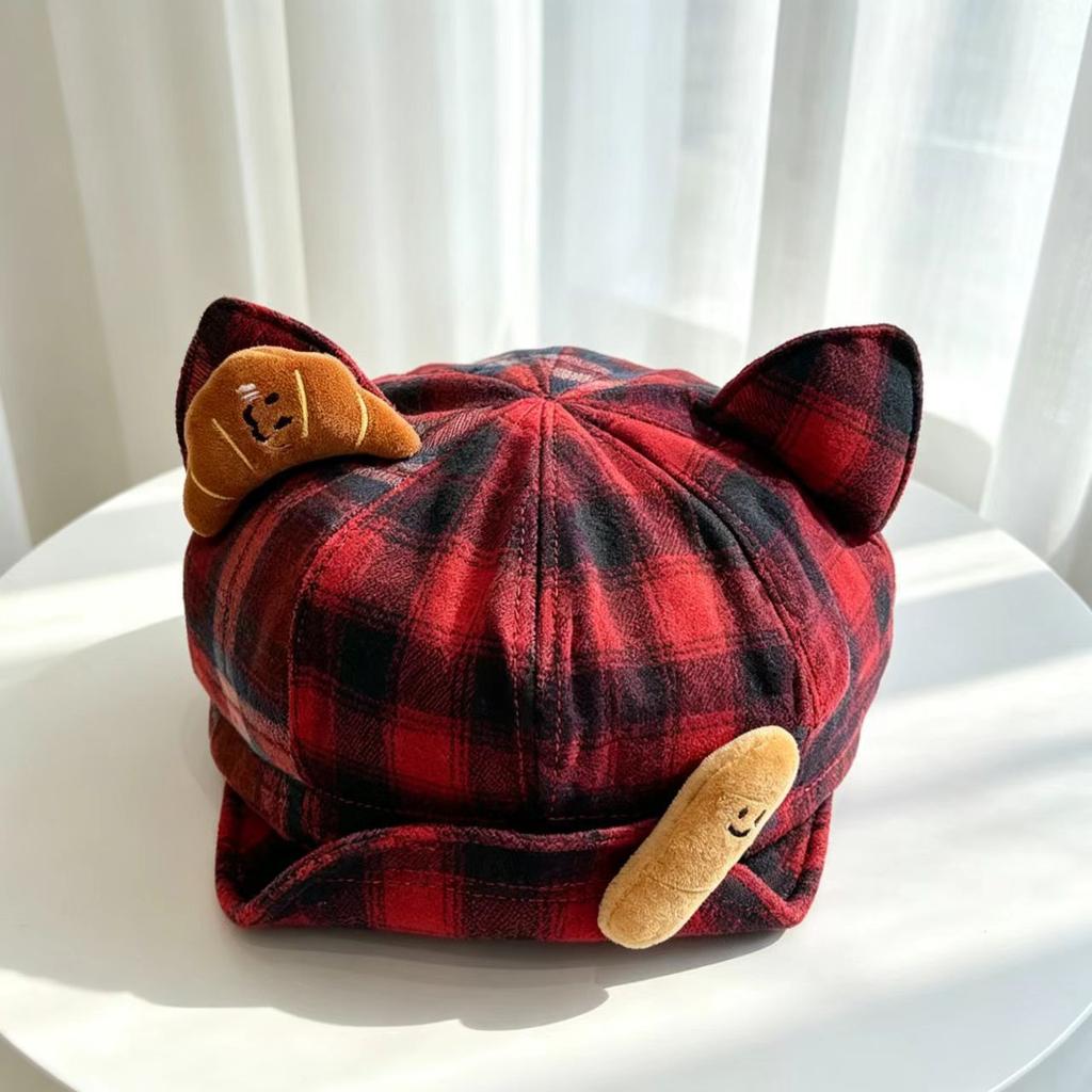 Cute Plaid Deer Ears Beret Female Autumn and Winter Face Small Octagonal Hat Big Head Circumference Painter Hat