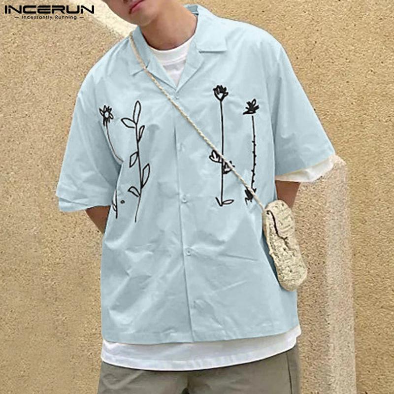 

INCERUN Summer Men Lapel Neck Short Sleeve Embroidery Casual Loose Shirts 5XL