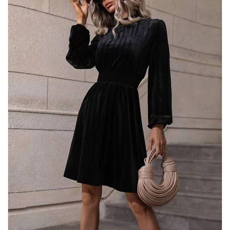 

Export Fashion Fashion High Waist Pleuche Long Sleeve Dress Sexy Bodycon Velvet Dress Black L